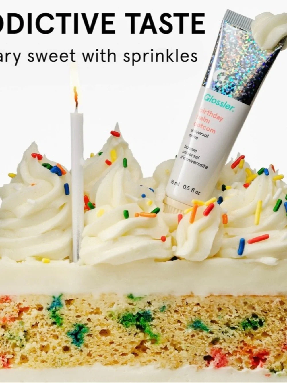 Glossier Birthday Balm Dotcom - White Tube with Holographic in Birthday flavor